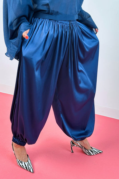 avy blue silk balloon pants – women's wide-leg silk trousers full length

