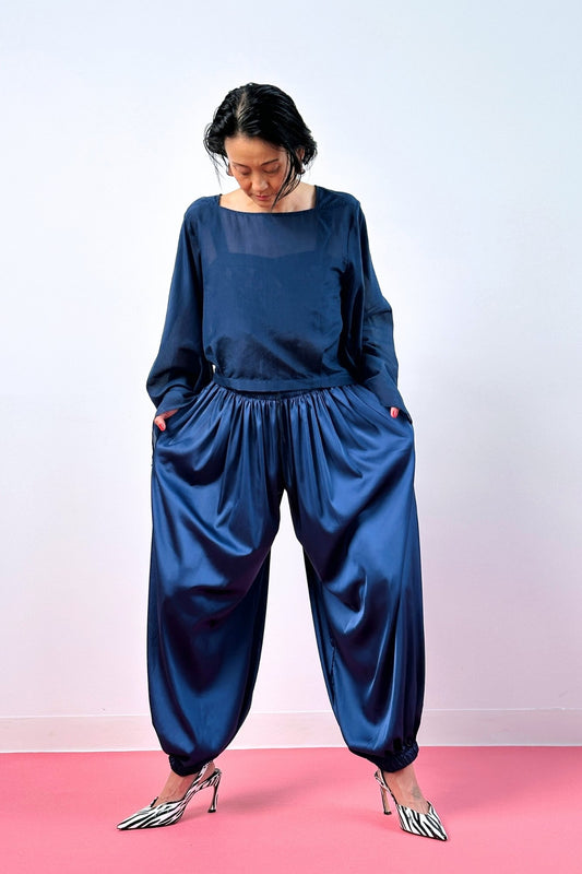 Navy blue silk balloon pants and sheer long sleeve top – women's silk wide-leg trousers, full length view
