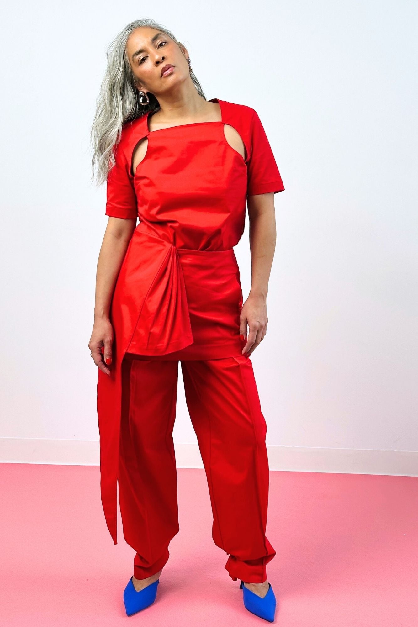 Women's red square neck cut-out top and red wide-leg pants,  pleated side train – full length statement ensemble