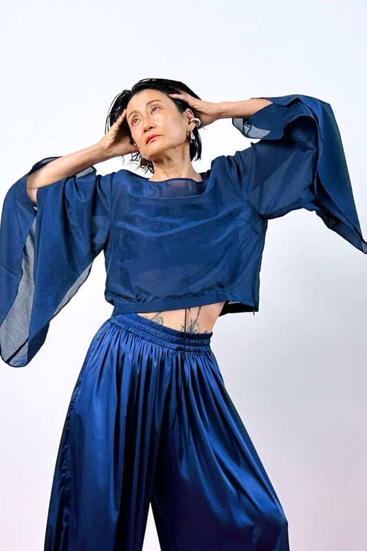 Navy blue semi-sheer silk pagoda sleeve top and wide-leg balloon pants – women's silk bateau neck cropped blouson