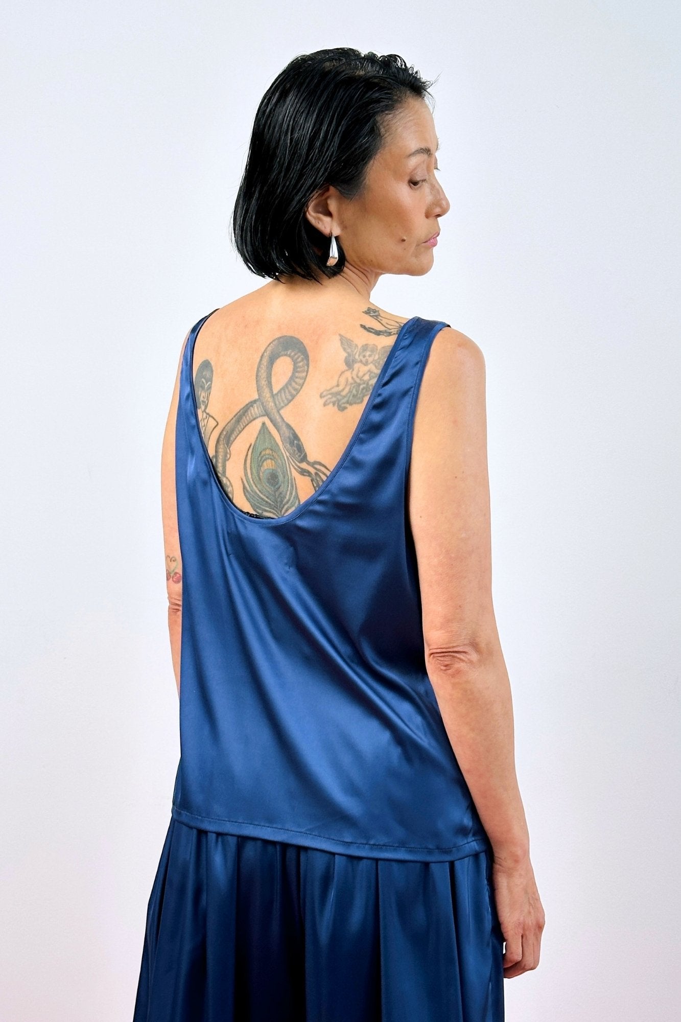 Navy blue silk low scoop back tank top – women's sleeveless top, rear view