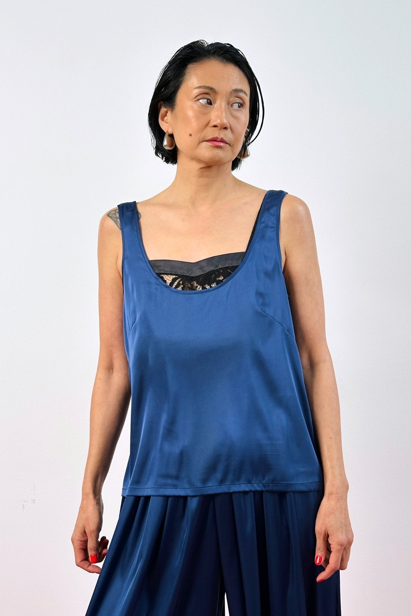 Navy blue silk low scoop neck tank top – women's sleeveless top, front view